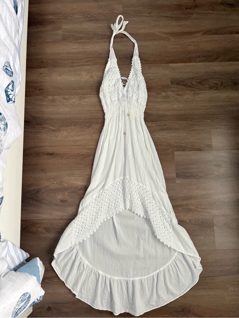 Seaspice White Crochet Halter High-Low Maxi Dress